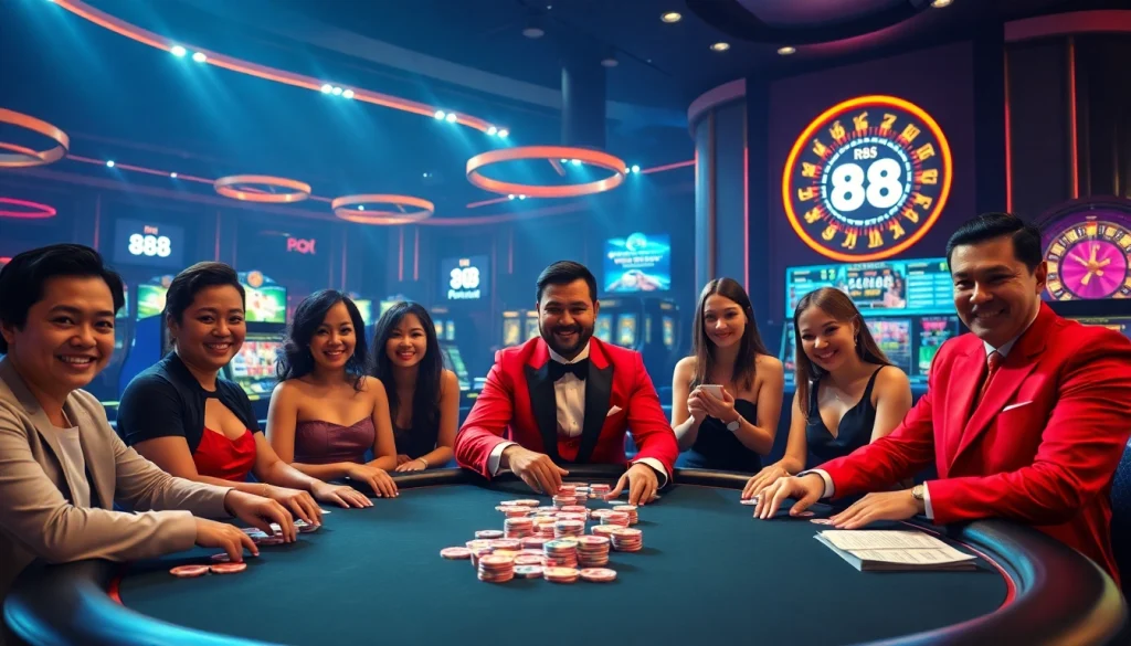 Experience the excitement of gambling at RR88 with a vibrant casino scene featuring poker, chips, and roulette.