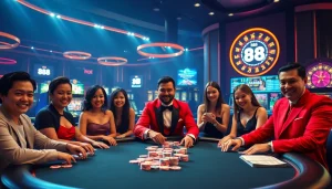 Experience the excitement of gambling at RR88 with a vibrant casino scene featuring poker, chips, and roulette.