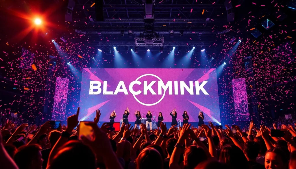 Catch the latest Blackpink news with an exciting live concert scene featuring the group performing energetically.