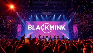 Catch the latest Blackpink news with an exciting live concert scene featuring the group performing energetically.