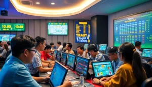 Adegan permainan Sumotogel online yang menarik dengan beragam pemain dan tampilan digital yang berwarna-warni.