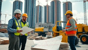 Engaged workers in diverse roles highlighting Careers in construction at a busy job site.