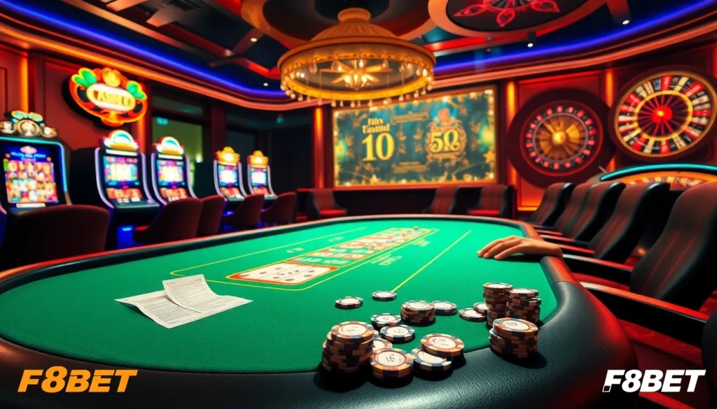Players at a F8BET poker table filled with tension, surrounded by colorful slot machines and a roulette wheel.