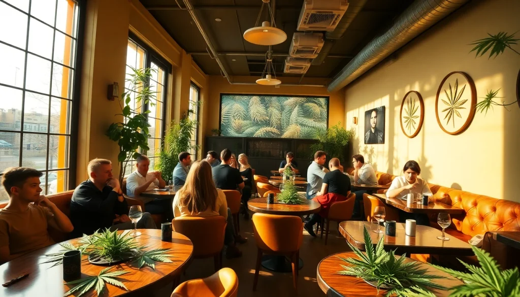 Enjoy vibrant atmosphere at Club Cannabis Madrid, showcasing patrons interacting and relaxing.