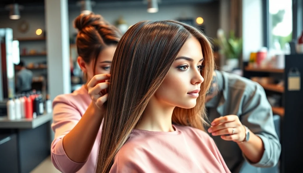 Hairstylist Craiova styling hair with finesse in a modern salon environment.