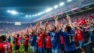 مشجعون متحمسون يستمتعون بجو مباراة كورا لايف لكرة القدم بألوان زاهية وإثارة.