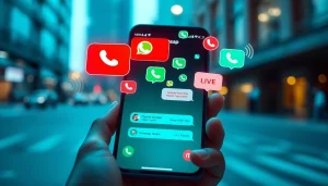 Engaging smartphone screen displaying FM WhatsApp's vibrant interface and messaging features in an urban setting.