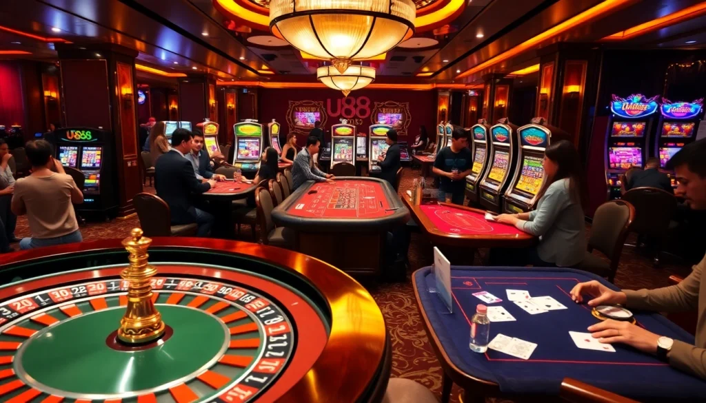 U888 players at an exhilarating casino table with vibrant games and lively action.