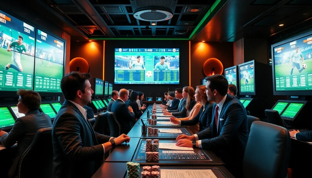 Engaging gamblers utilizing เทคนิคแทงบอล strategies in a modern, upscale sports betting venue.