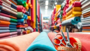 Bekijk meest verkochte stoffen webshop Nederland met een kleurrijke stofdisplay in een stofwinkel.