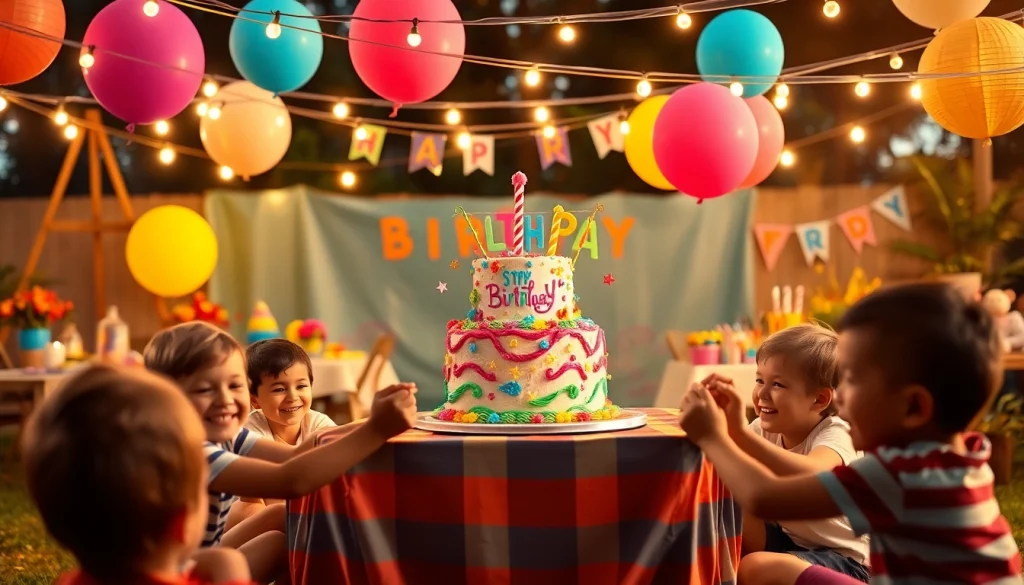 Celebrate a customizable birthday party with personalized decorations and joyful children playing.