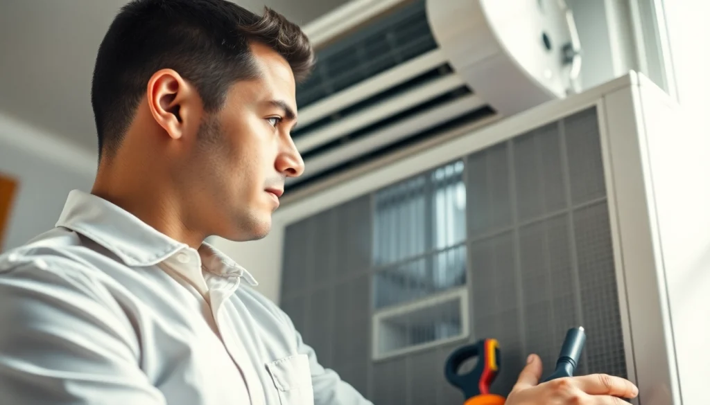 Expert on hvac repair bedford ny performing maintenance on a residential AC unit.