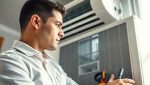 Expert on hvac repair bedford ny performing maintenance on a residential AC unit.