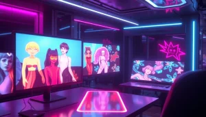 NSFW AI platforms displayed on a futuristic digital workspace with vibrant colors.