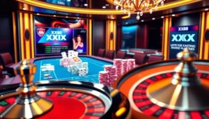 Engage with the dynamic gambling environment of XX88, featuring a spinning roulette wheel and poker chips.