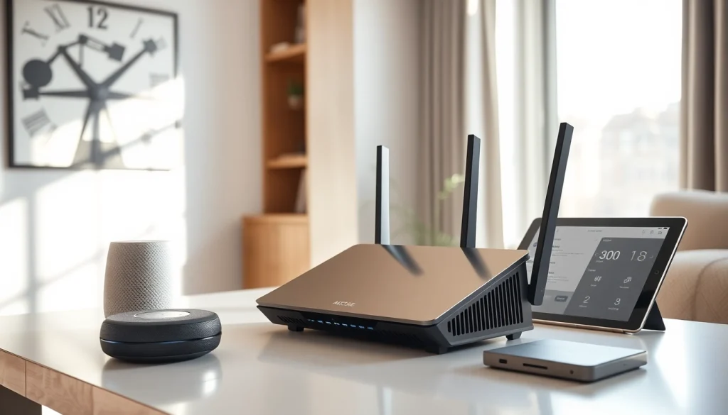Router không dây AX88 Code trong một không gian làm việc tại văn phòng gia đình hiện đại và tối giản.