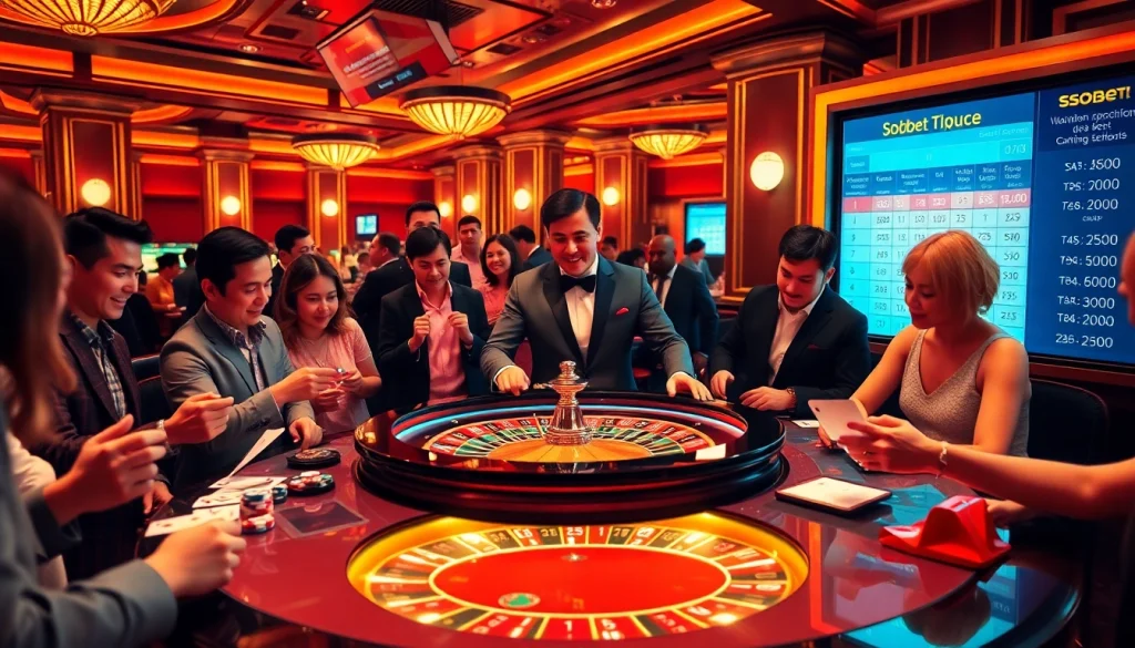Excited gamblers engaging in a sbobet-themed casino experience, surrounded by vibrant roulette tables.