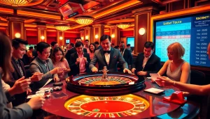 Excited gamblers engaging in a sbobet-themed casino experience, surrounded by vibrant roulette tables.