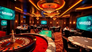 Experience the thrill of gambling at MM88 with vibrant tables, chips, and a roulette wheel.