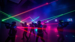 Players engage in an exciting game of laser tag in a vibrant arena illuminated by colorful laser beams.