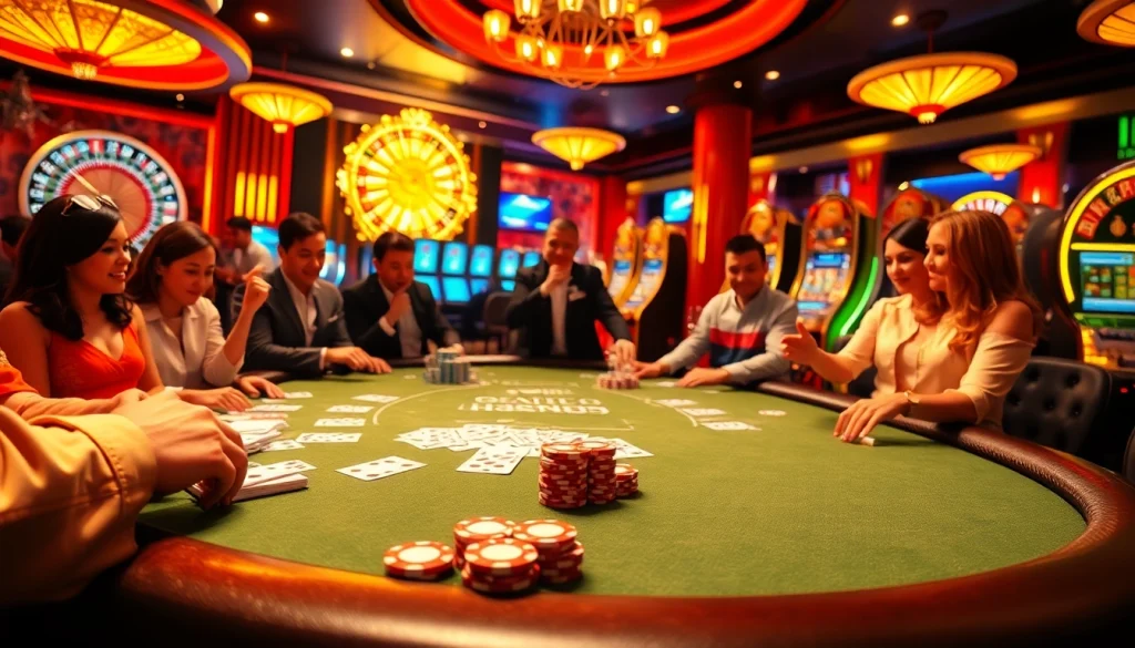Energetic scene showcasing excitement at nhà cái luck8 poker table with cards and chips.