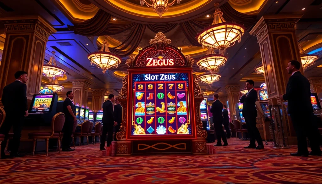 Spin the exciting Slot Zeus game with vibrant visuals and engaging themes in this dynamic casino setting.