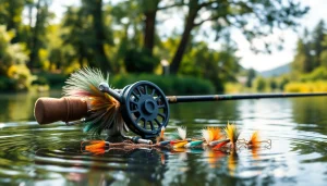 Showcasing a fly fishing kit at a lakeside, featuring gear and vibrant flies in a serene environment.