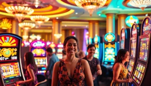 Pinco Casino slotlar ilə maraqlanan oyunçuları əhatə edən canlı kazino səhnəsi.