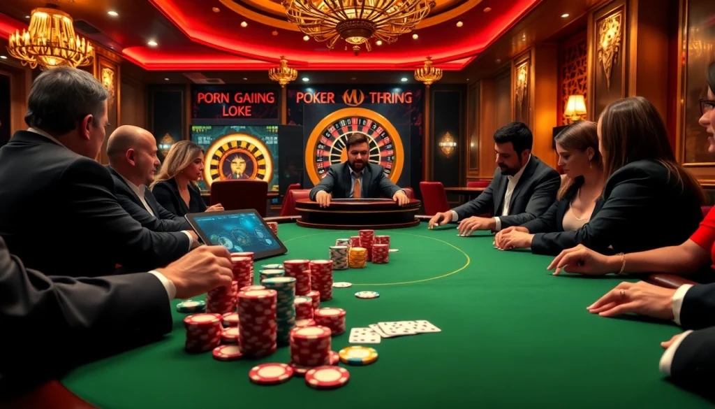 Players enjoying interactive porn games ai at a luxurious casino poker table, with colorful chips and a roulette wheel.