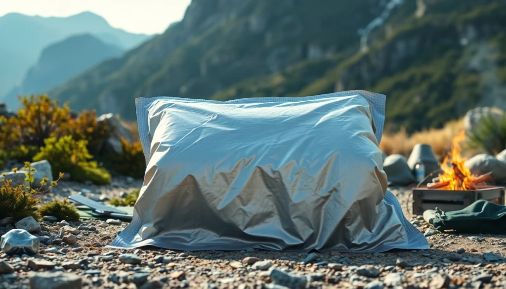 Emergency blanket in a natural survival setting with soft lighting and a serene background.