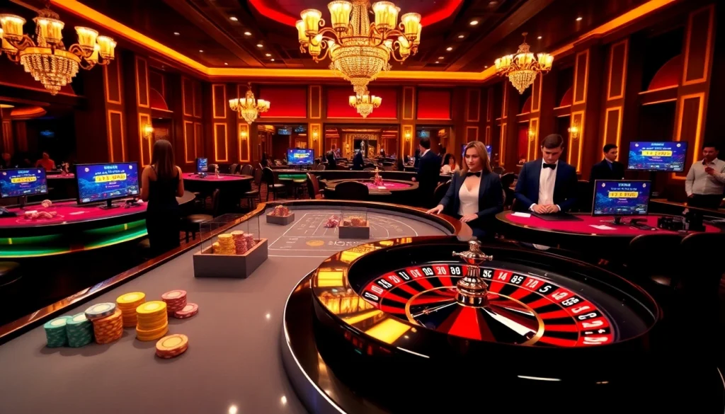 Experience excitement at a 388bet online casino table featuring poker chips and a spinning roulette wheel.
