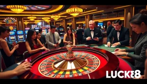 Người chơi đang tận hưởng các trò chơi casino như roulette và poker tại LUCK8 và LUCKY8, giữa bầu không khí chơi game sang trọng.