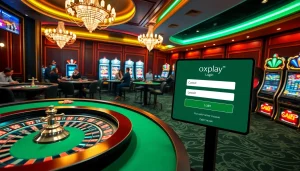 Experience luxury with the oxplay login scene featuring vibrant slot machines and engaged players.