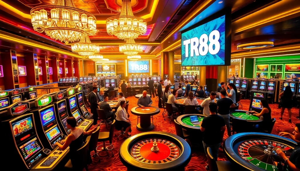 Players celebrating a win at the casino while engaging with TR88 promotional displays.