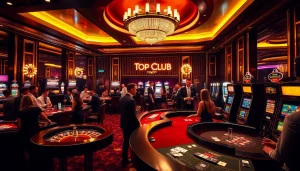 Engage in thrilling games at Top Club, featuring a vibrant casino scene with roulette and poker tables.