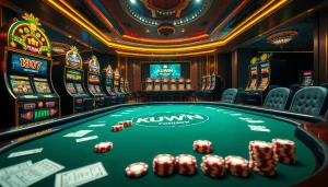 KUWIN gaming table surrounded by colorful slot machines and poker chips in a luxurious casino.