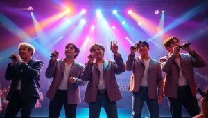 Seven bts members performing energetically on stage at a vibrant concert.