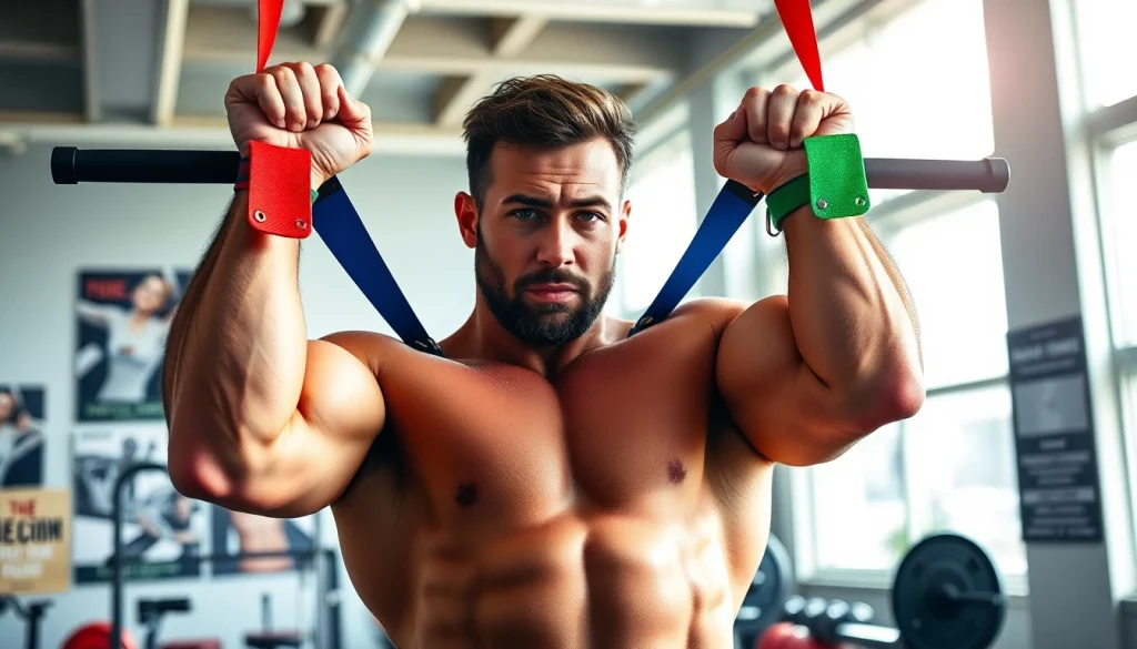 Weightlifter using vibrant pull-up assist bands for workouts in a bright gym.