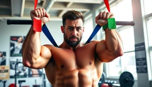 Weightlifter using vibrant pull-up assist bands for workouts in a bright gym.