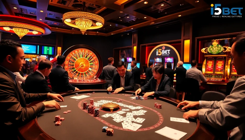 Engaging poker players at a lively casino table, showcasing the excitement of https://i5bet.it.com/ betting.