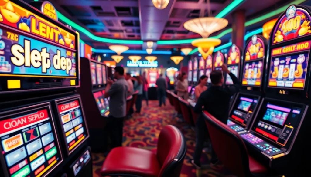 Menangkan permainan slot depo 1k dengan suasana kasino yang energik dan mesin slot berwarna cerah.