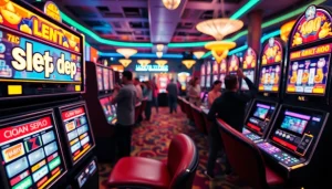 Menangkan permainan slot depo 1k dengan suasana kasino yang energik dan mesin slot berwarna cerah.