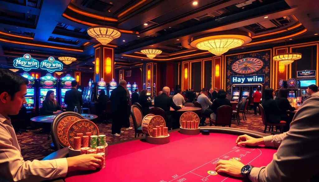 Experience the excitement of Hay win at a luxurious casino with poker tables and vibrant slot machines.