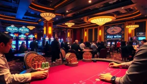 Experience the excitement of Hay win at a luxurious casino with poker tables and vibrant slot machines.