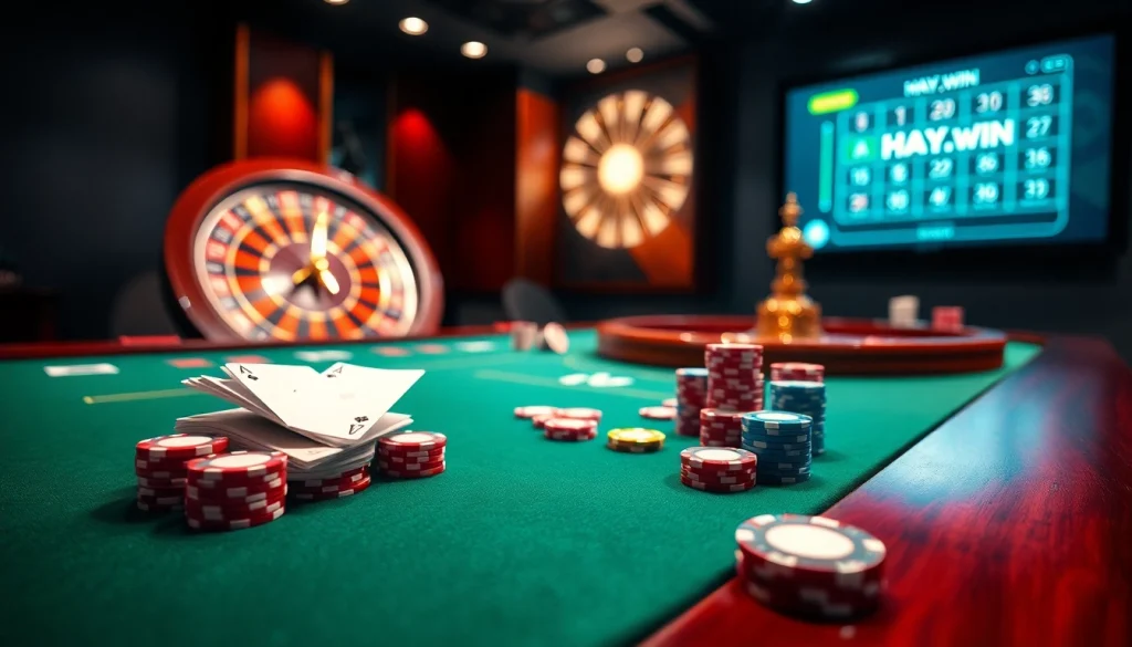 Experience excitement at hay.win with a vibrant poker table and roulette wheel in a luxurious casino.