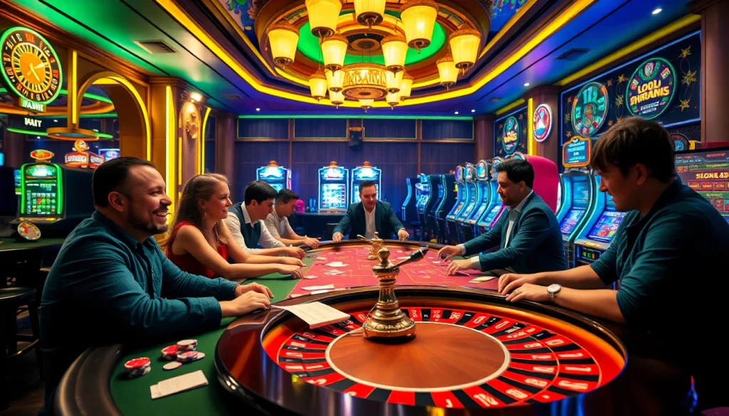 Enthusiastic gamblers enjoying games at mk8th.net, capturing excitement and luxury in a vibrant casino scene.