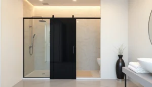 Showcase of a black shower sliding door in an elegant bathroom setting with stylish modern accents.
