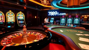 Experience the thrill of gaming at 789f.com with a vibrant casino atmosphere featuring roulette and poker tables.