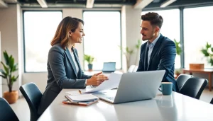 Engaged discussion with a business coach near me in a modern office setting.