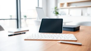 iPad 10ma generación sobre un escritorio elegante con teclado y lápiz estiloso.